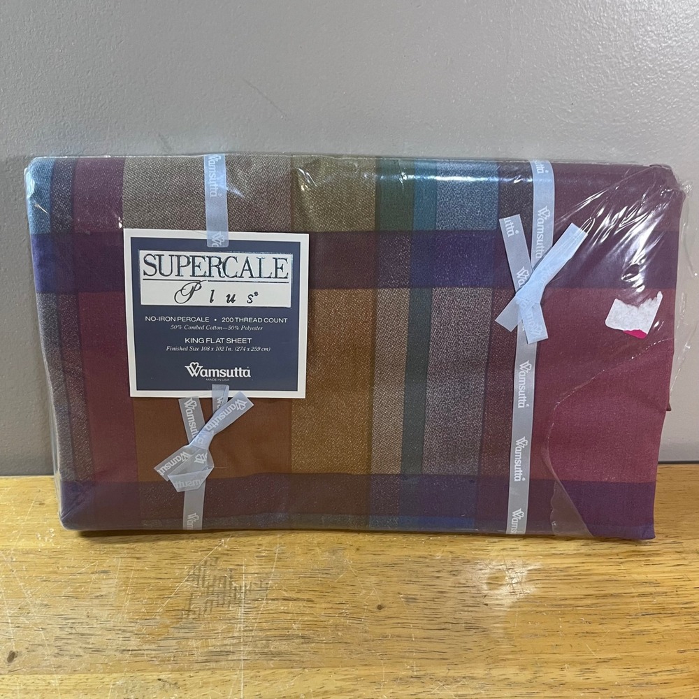 Vtg Wamsutta Supercale Plus King Flat Sheet Tyler Plaid Spice 200TC Made in USA
